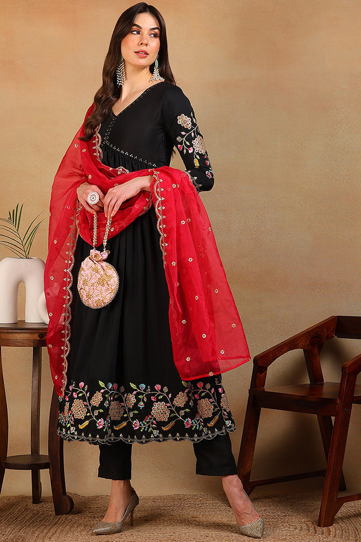 Black Silk Blend Solid Embroidered Flared Empire Suit Set | SHOBITAM