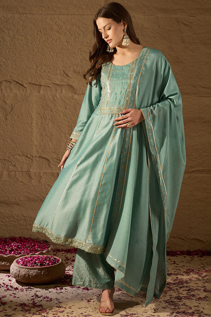 Sea Green Silk Blend Solid Embroidered Anarkali Suit Set | SHOBITAM