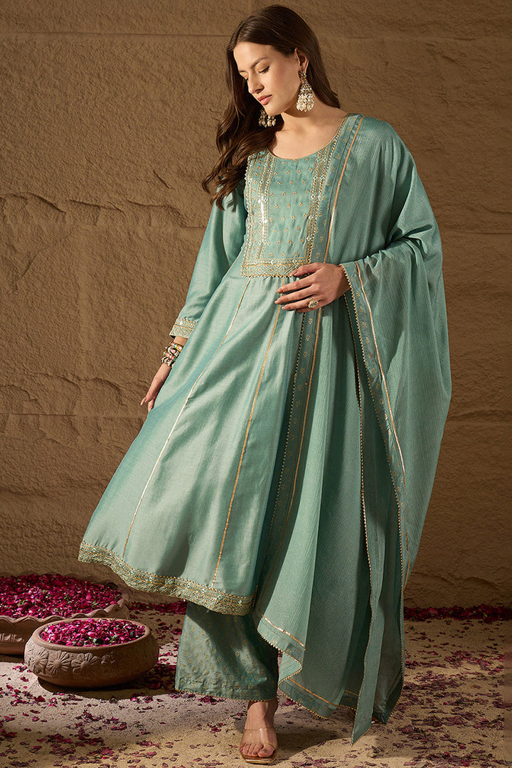 Sea Green Silk Blend Solid Embroidered Anarkali Suit Set | SHOBITAM