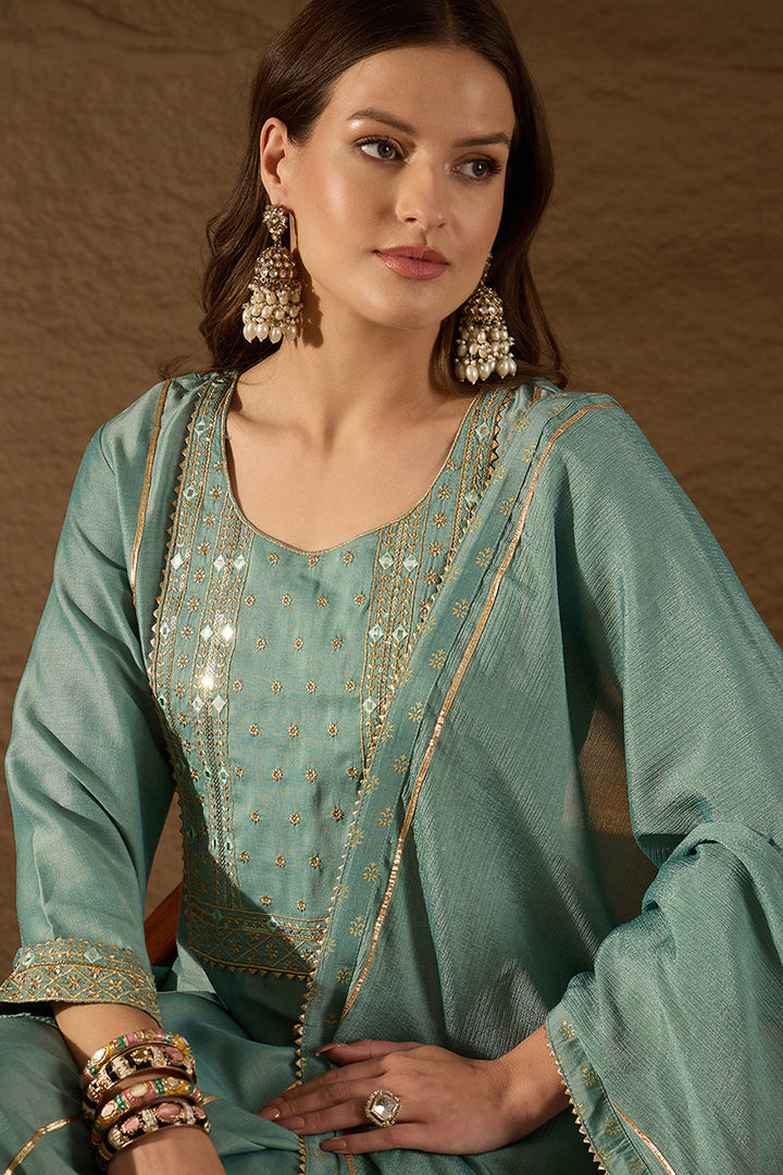 Sea Green Silk Blend Solid Embroidered Anarkali Suit Set | SHOBITAM