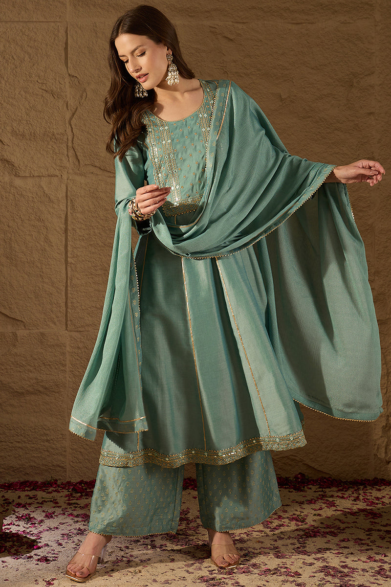 Sea Green Silk Blend Solid Embroidered Anarkali Suit Set | SHOBITAM