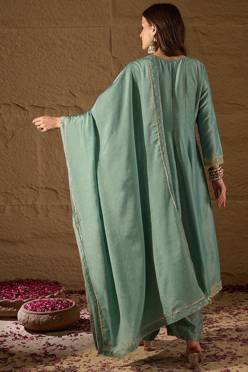 Sea Green Silk Blend Solid Embroidered Anarkali Suit Set | SHOBITAM