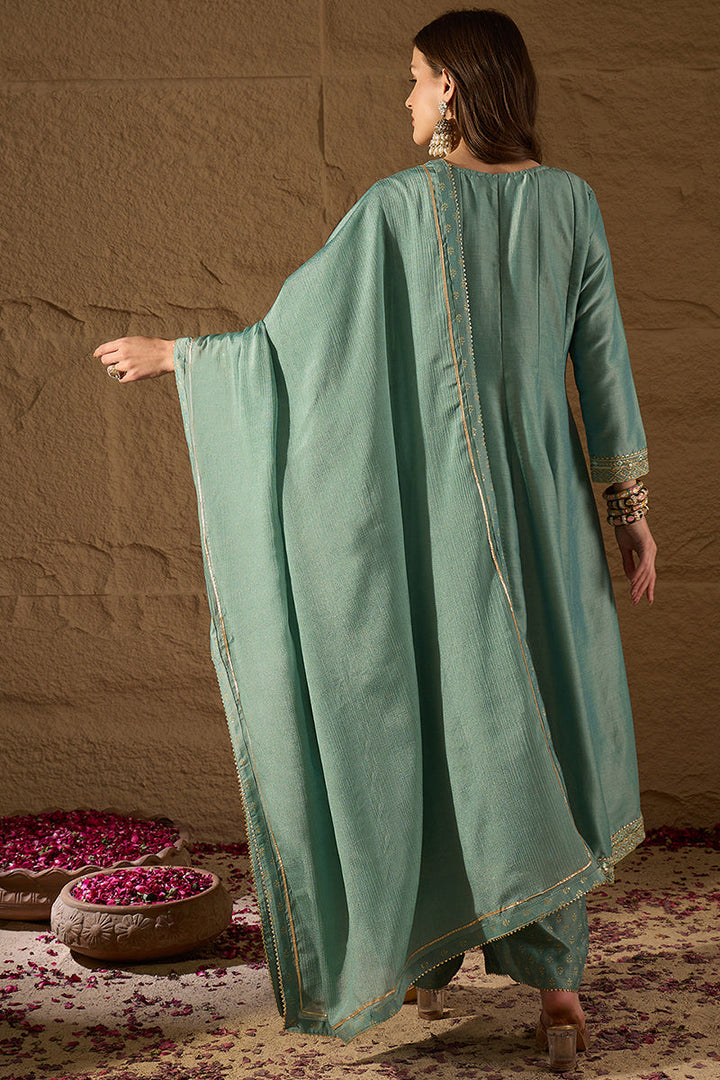Sea Green Silk Blend Solid Embroidered Anarkali Suit Set | SHOBITAM