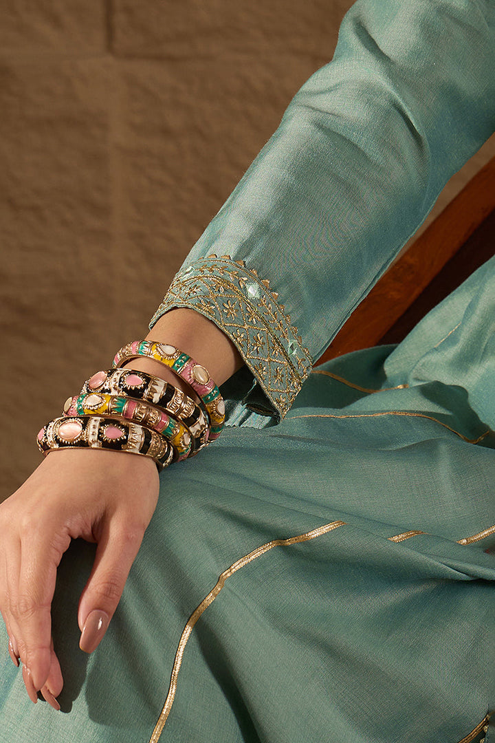 Sea Green Silk Blend Solid Embroidered Anarkali Suit Set | SHOBITAM