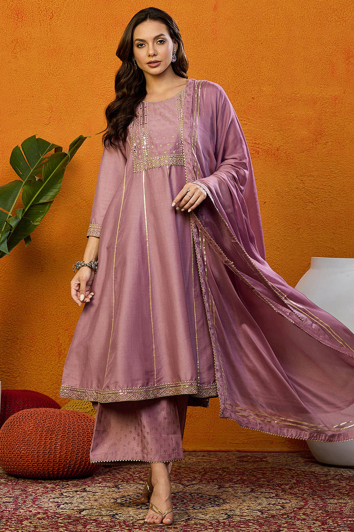 Pink Silk Blend Solid Yoke Design Zari Anarkali Style Suit Set | SHOBITAM