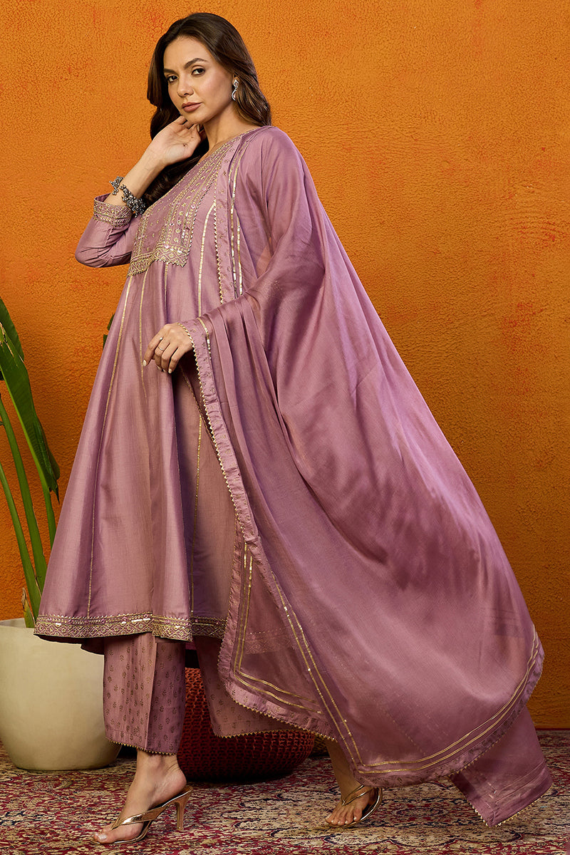 Pink Silk Blend Solid Yoke Design Zari Anarkali Style Suit Set | SHOBITAM