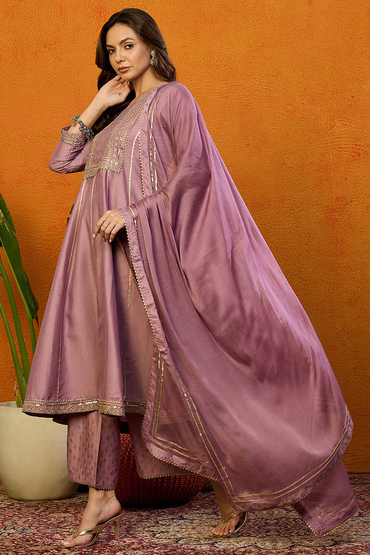 Pink Silk Blend Solid Yoke Design Zari Anarkali Style Suit Set | SHOBITAM