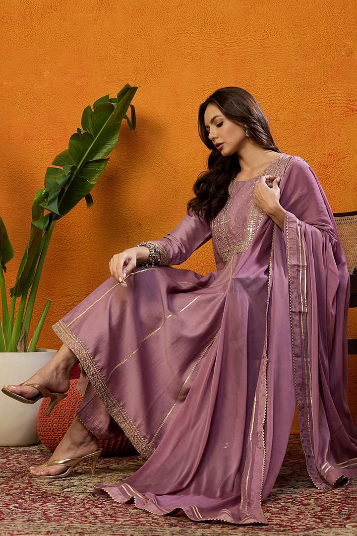 Pink Silk Blend Solid Yoke Design Zari Anarkali Style Suit Set | SHOBITAM