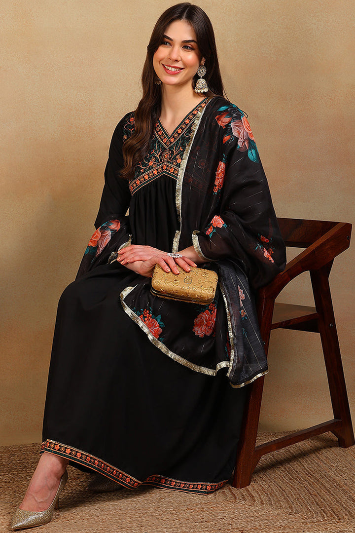 Black Silk Blend Solid Embroidered Flared Empire Suit Set | SHOBITAM