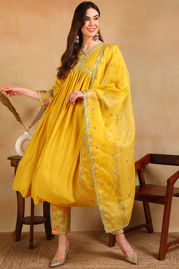Yellow Silk Blend Embroidered Anarkali Suit Set | SHOBITAM