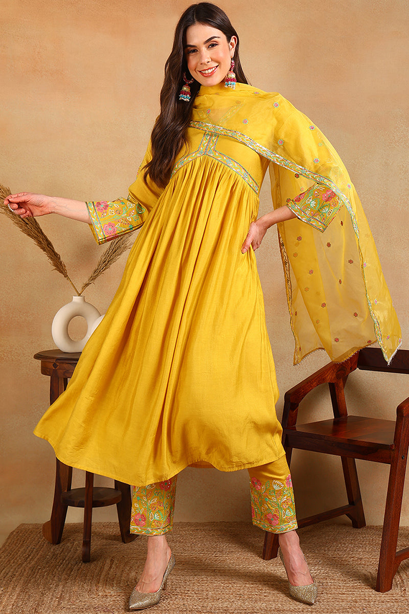 Yellow Silk Blend Embroidered Anarkali Suit Set | SHOBITAM