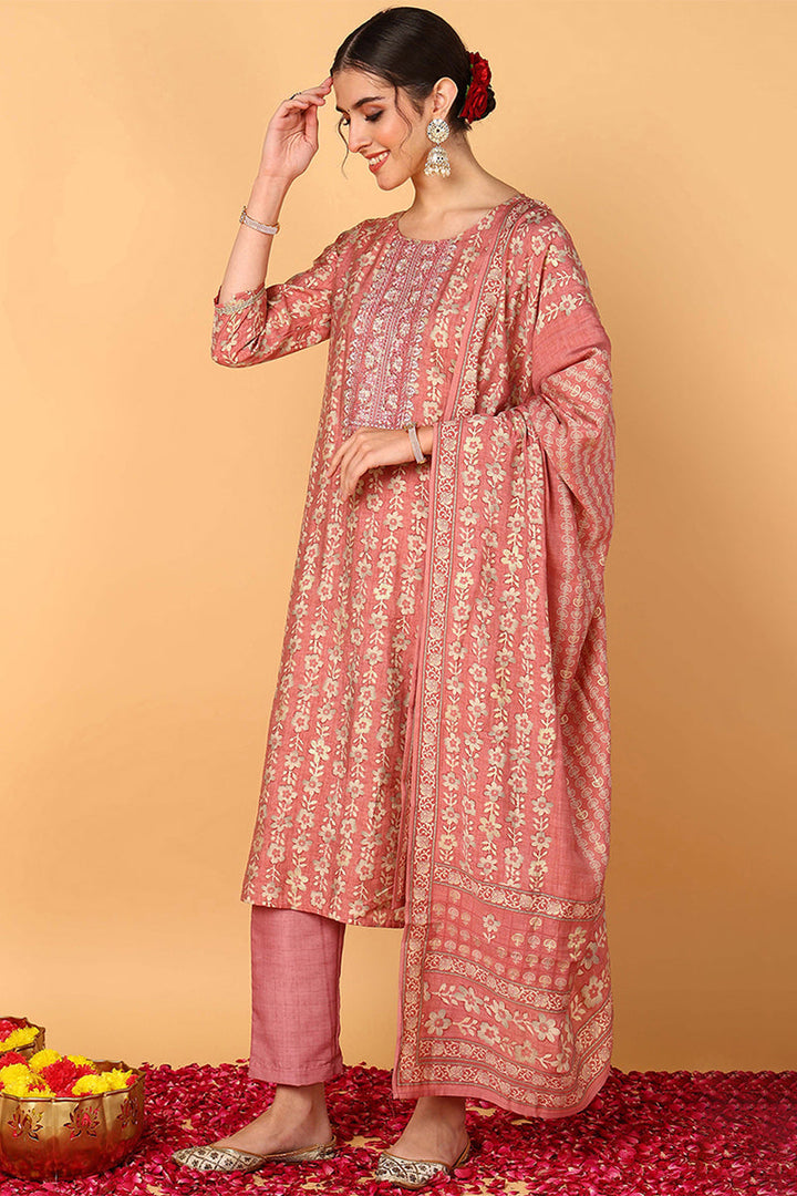 Pink Silk Blend Floral Printed Straight Style Suit Set | SHOBITAM