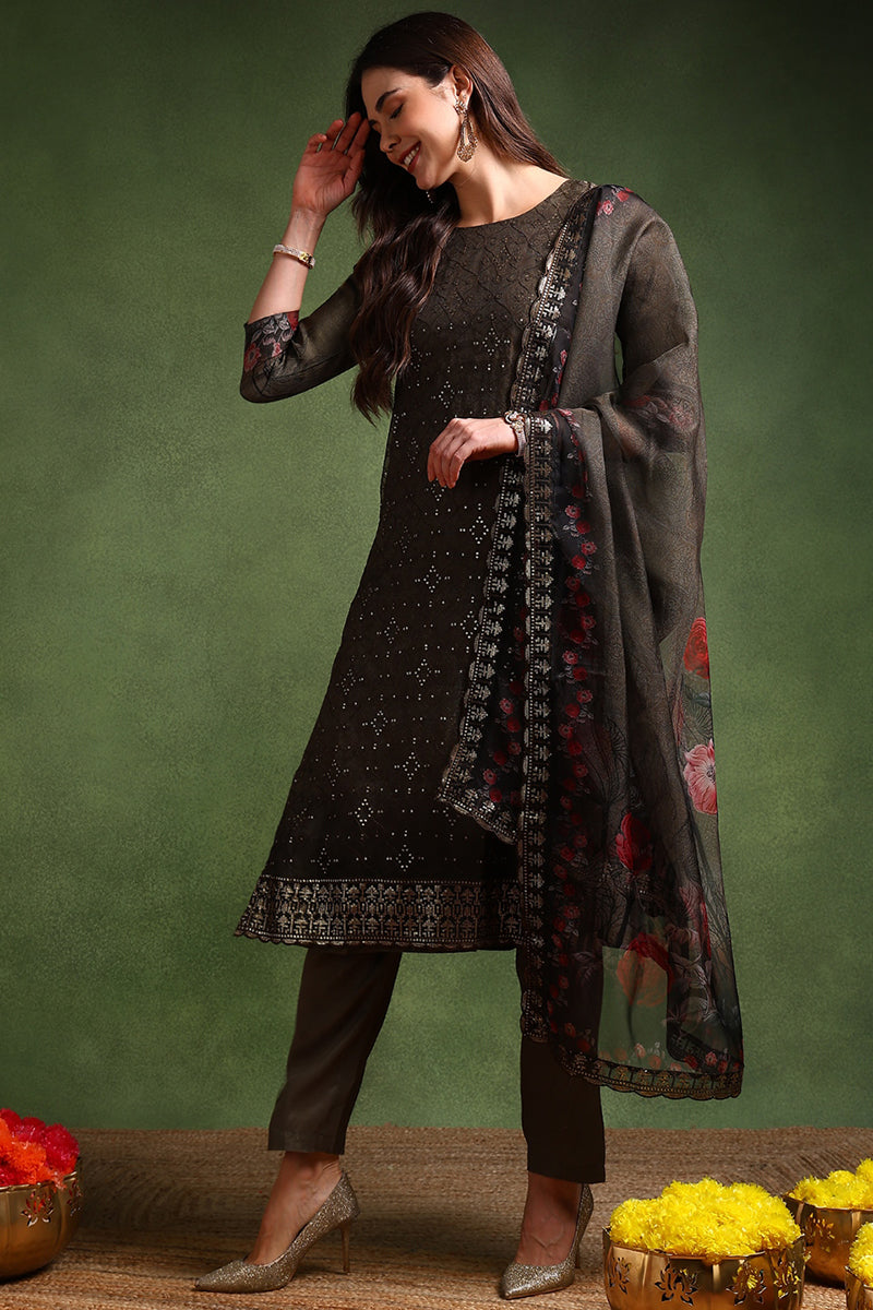 Green Organza Floral Embroidered Straight Suit Set | SHOBITAM