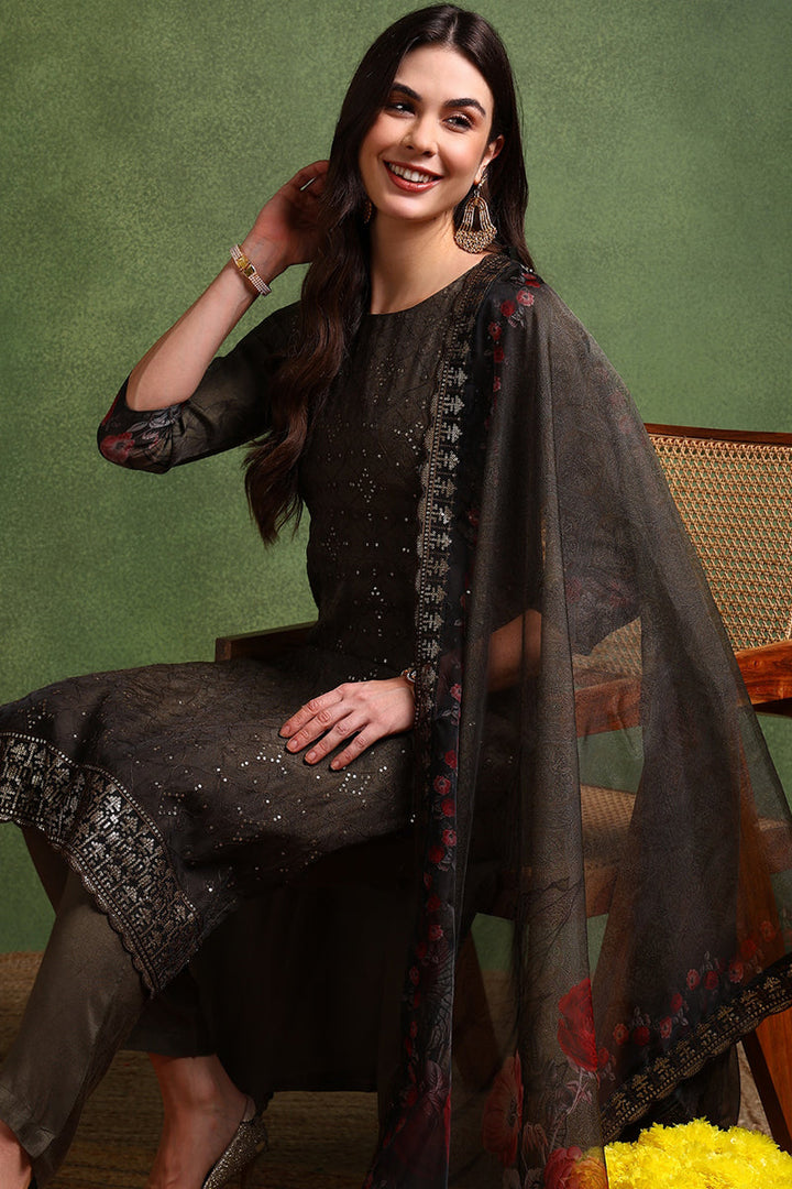 Green Organza Floral Embroidered Straight Suit Set | SHOBITAM