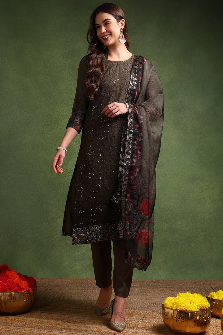 Green Organza Floral Embroidered Straight Suit Set | SHOBITAM