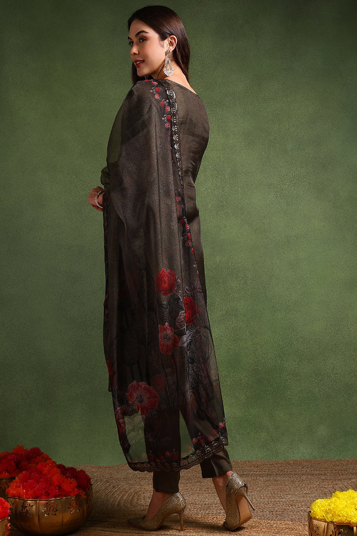 Green Organza Floral Embroidered Straight Suit Set | SHOBITAM