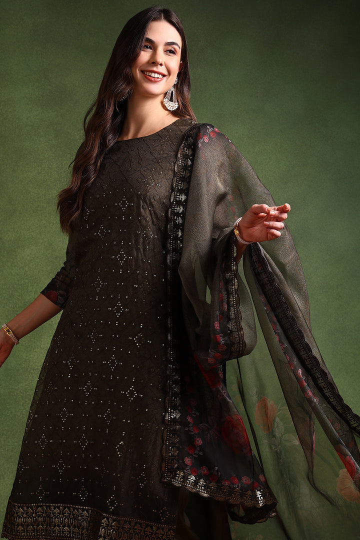 Green Organza Floral Embroidered Straight Suit Set | SHOBITAM