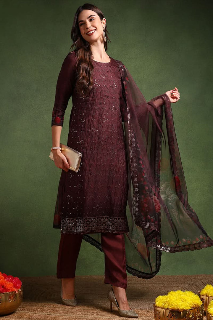 Brown Organza Ethnic Motifs Embroidered Straight Suit Set | SHOBITAM