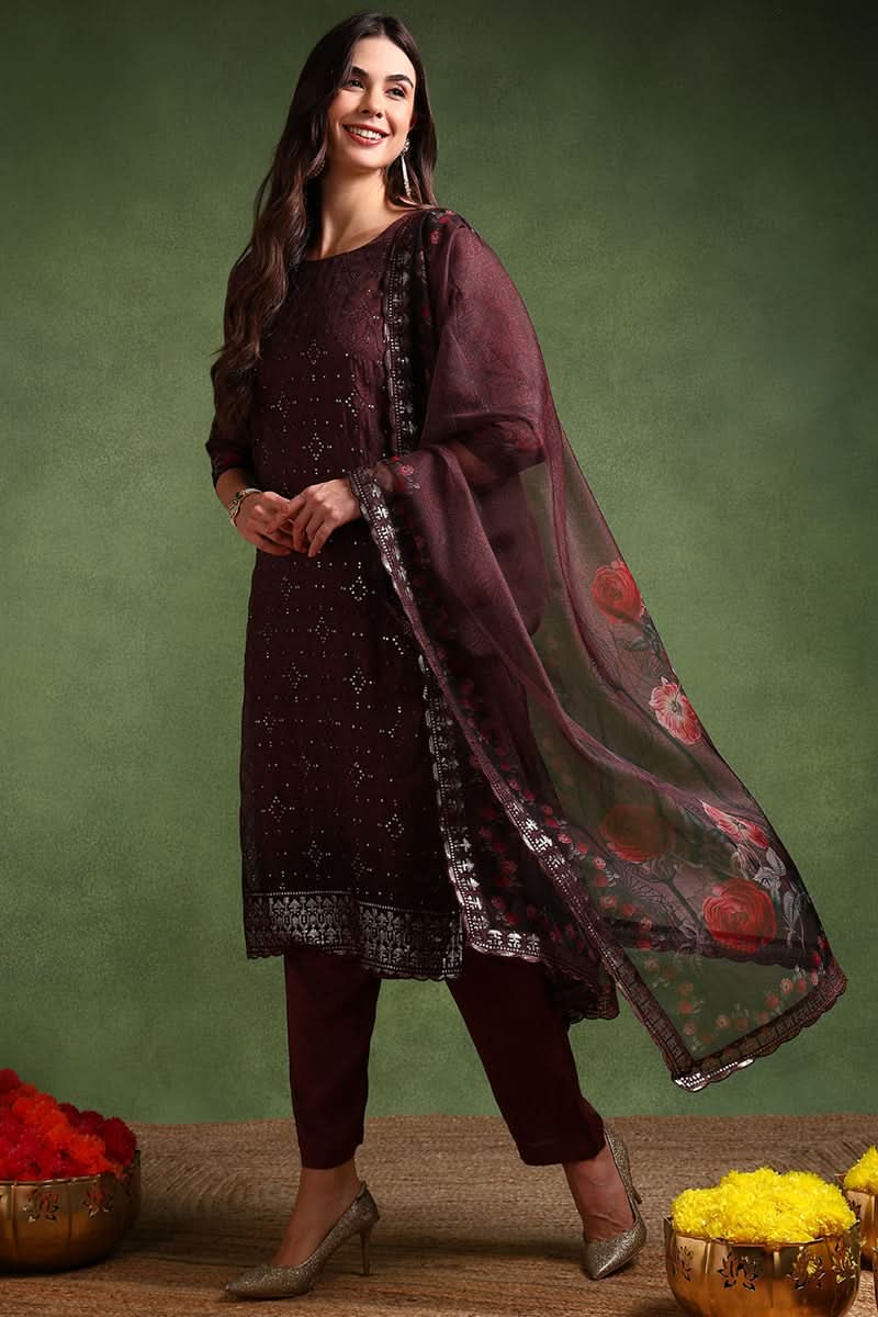 Brown Organza Ethnic Motifs Embroidered Straight Suit Set | SHOBITAM
