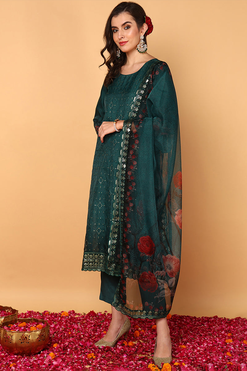 Green Organza Floral Embroidered Straight Suit Set | SHOBITAM