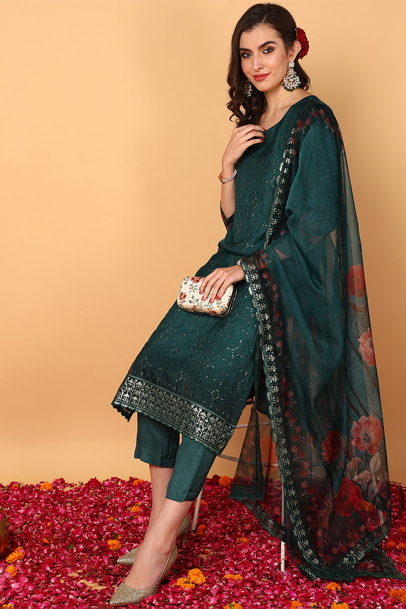 Green Organza Floral Embroidered Straight Suit Set | SHOBITAM