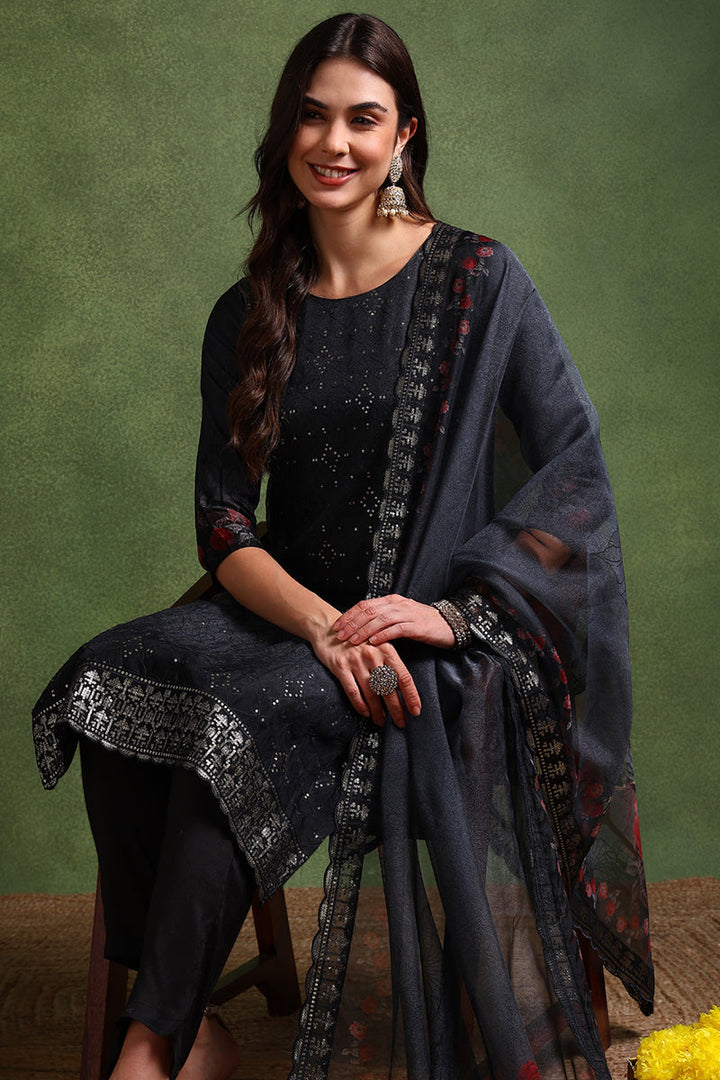 Black Organza Floral Embroidered Straight Suit Set | SHOBITAM