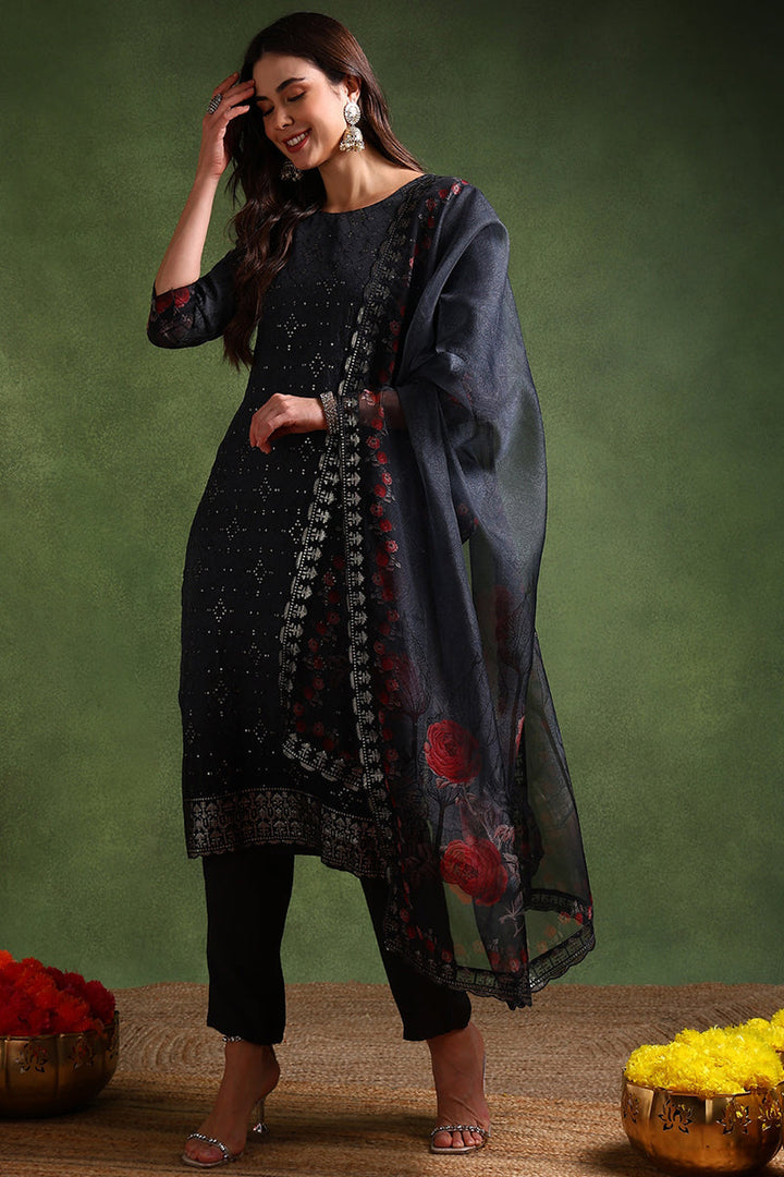Black Organza Floral Embroidered Straight Suit Set | SHOBITAM