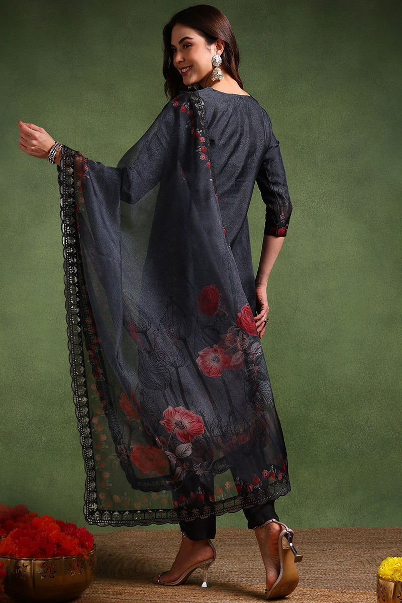 Black Organza Floral Embroidered Straight Suit Set | SHOBITAM