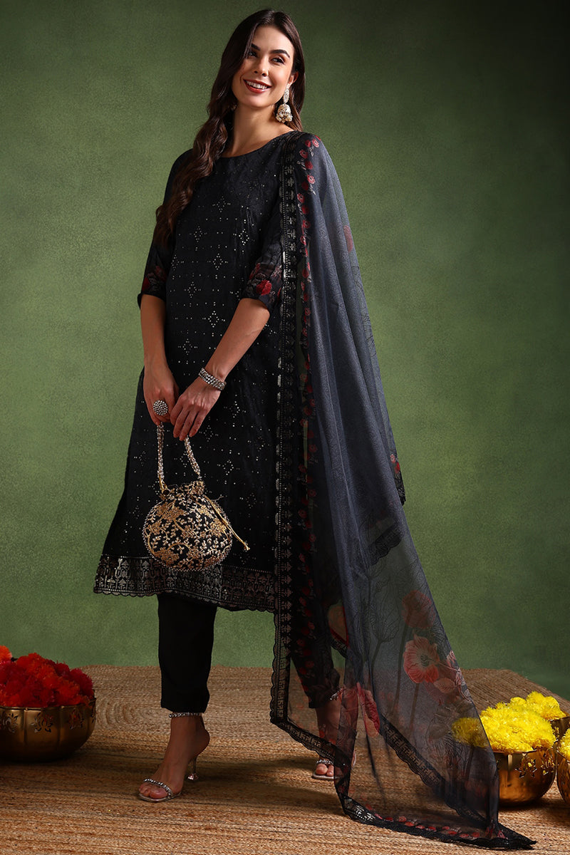 Black Organza Floral Embroidered Straight Suit Set | SHOBITAM