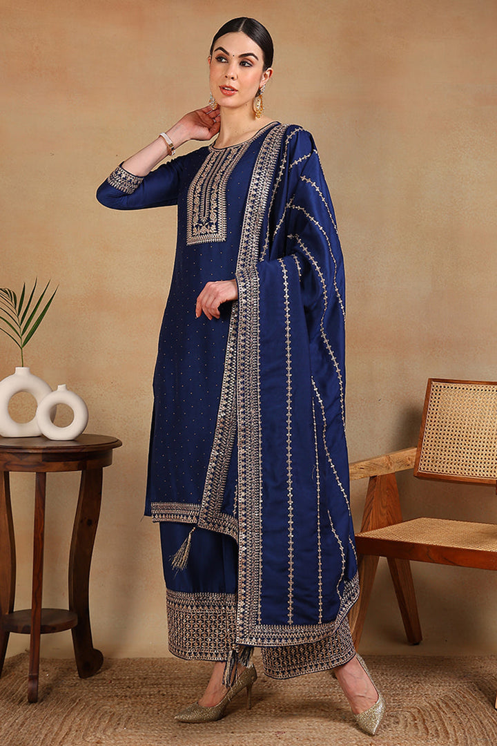 Blue Silk Blend Solid Yoke Design Straight Suit Set | SHOBITAM