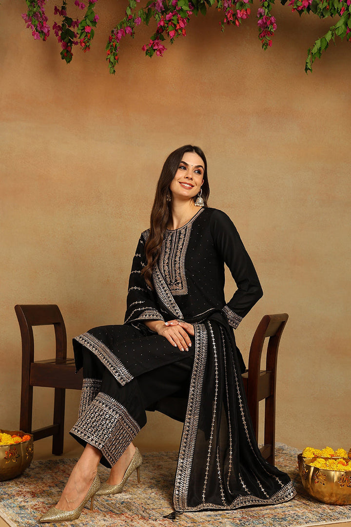 Black Silk Blend Solid Embroidered Straight Suit Set | SHOBITAM