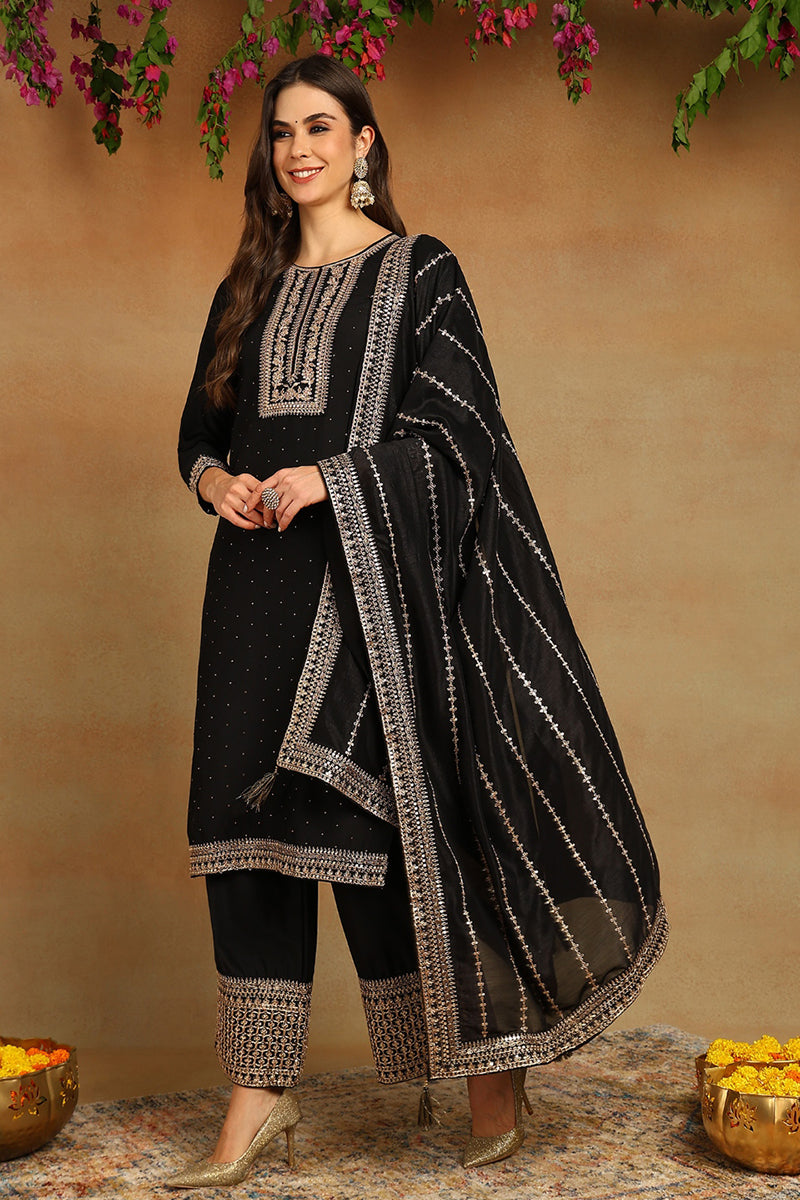 Black Silk Blend Solid Embroidered Straight Suit Set | SHOBITAM