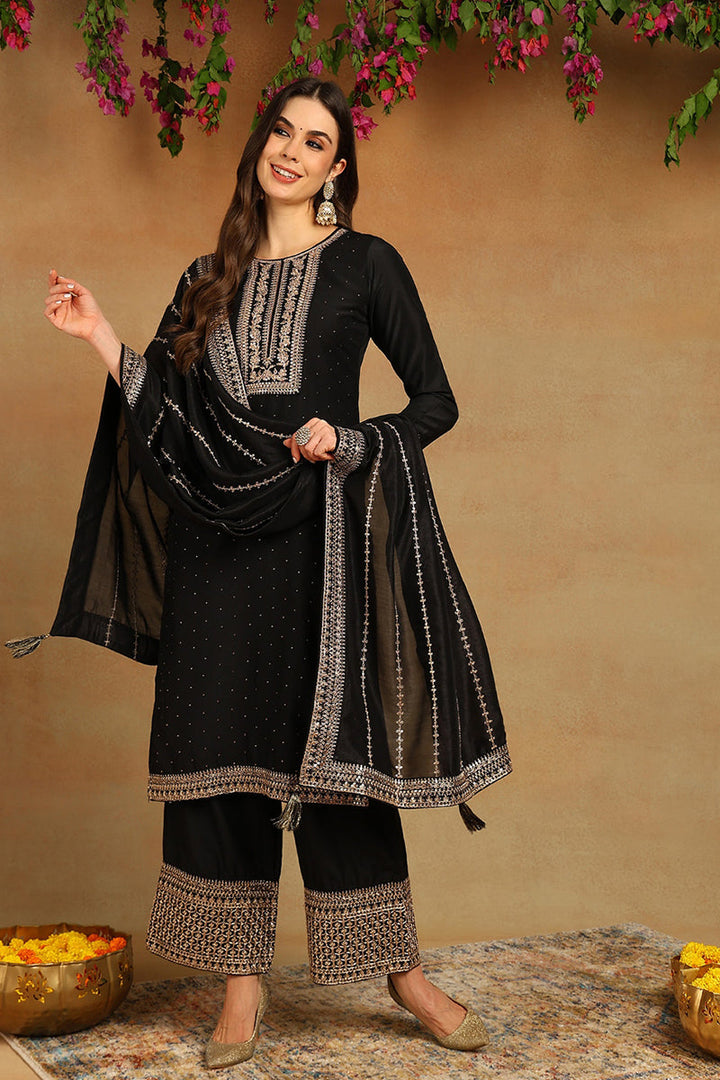 Black Silk Blend Solid Embroidered Straight Suit Set | SHOBITAM