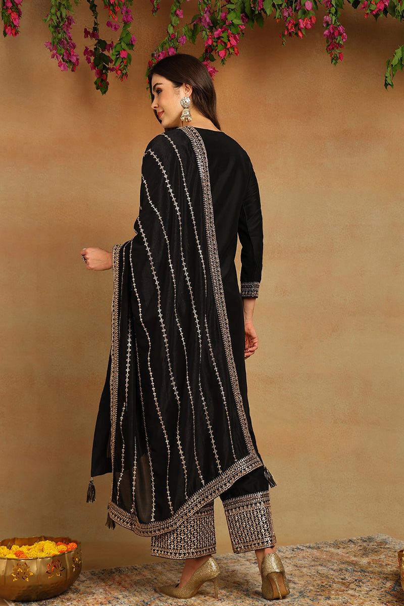 Black Silk Blend Solid Embroidered Straight Suit Set | SHOBITAM