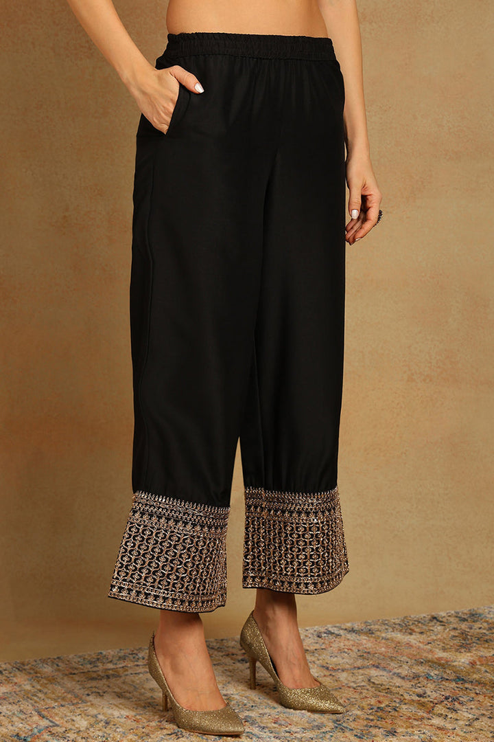 Black Silk Blend Solid Embroidered Straight Suit Set | SHOBITAM
