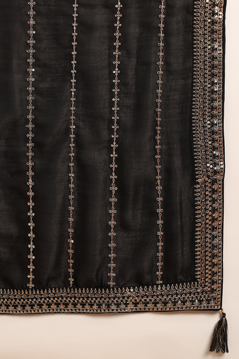 Black Silk Blend Solid Embroidered Straight Suit Set | SHOBITAM