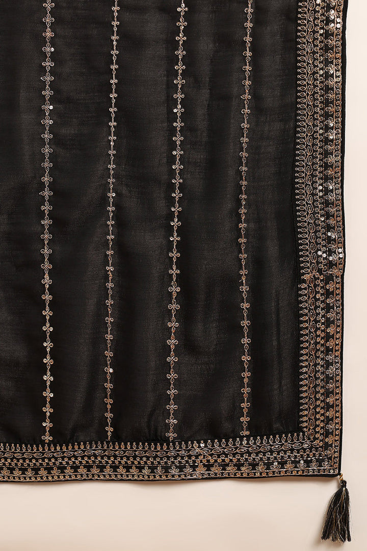 Black Silk Blend Solid Embroidered Straight Suit Set | SHOBITAM