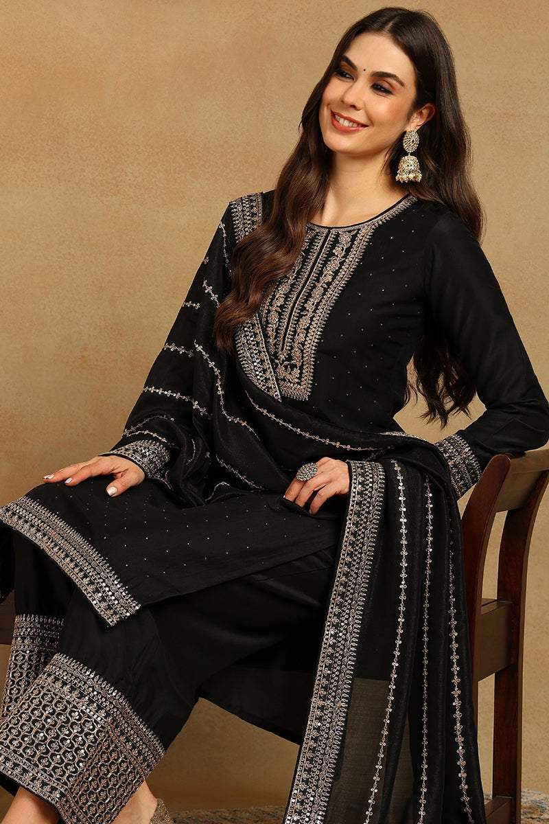Black Silk Blend Solid Embroidered Straight Suit Set | SHOBITAM