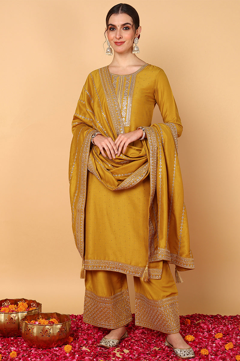 Mustard Yellow Silk Blend Solid Embroidered Straight Suit Set | SHOBITAM