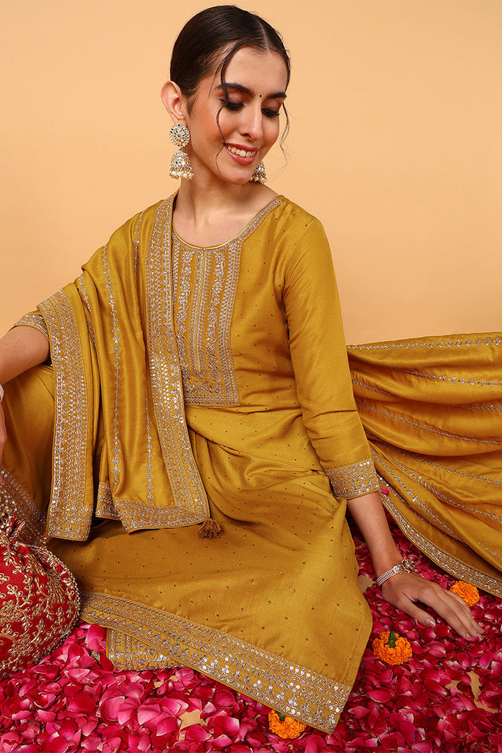 Mustard Yellow Silk Blend Solid Embroidered Straight Suit Set | SHOBITAM
