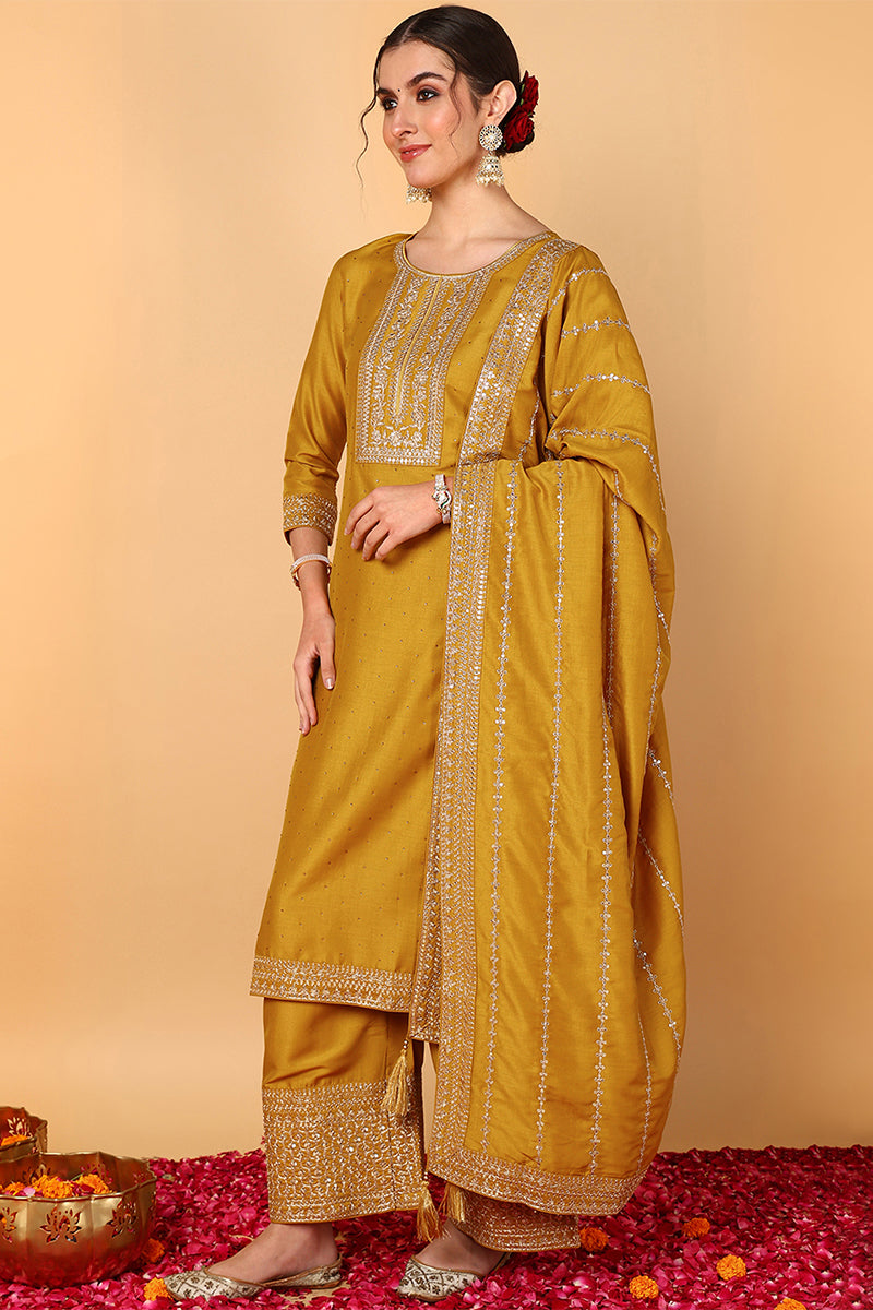 Mustard Yellow Silk Blend Solid Embroidered Straight Suit Set | SHOBITAM