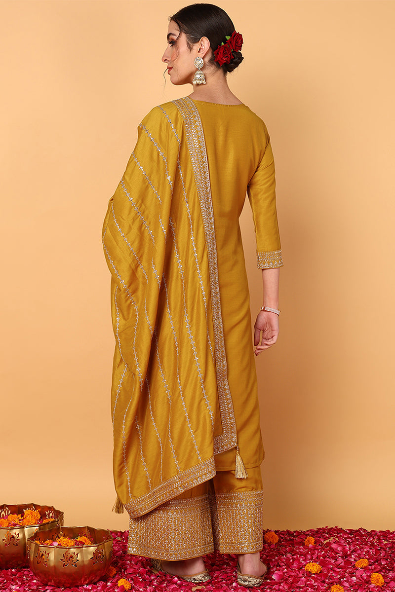 Mustard Yellow Silk Blend Solid Embroidered Straight Suit Set | SHOBITAM