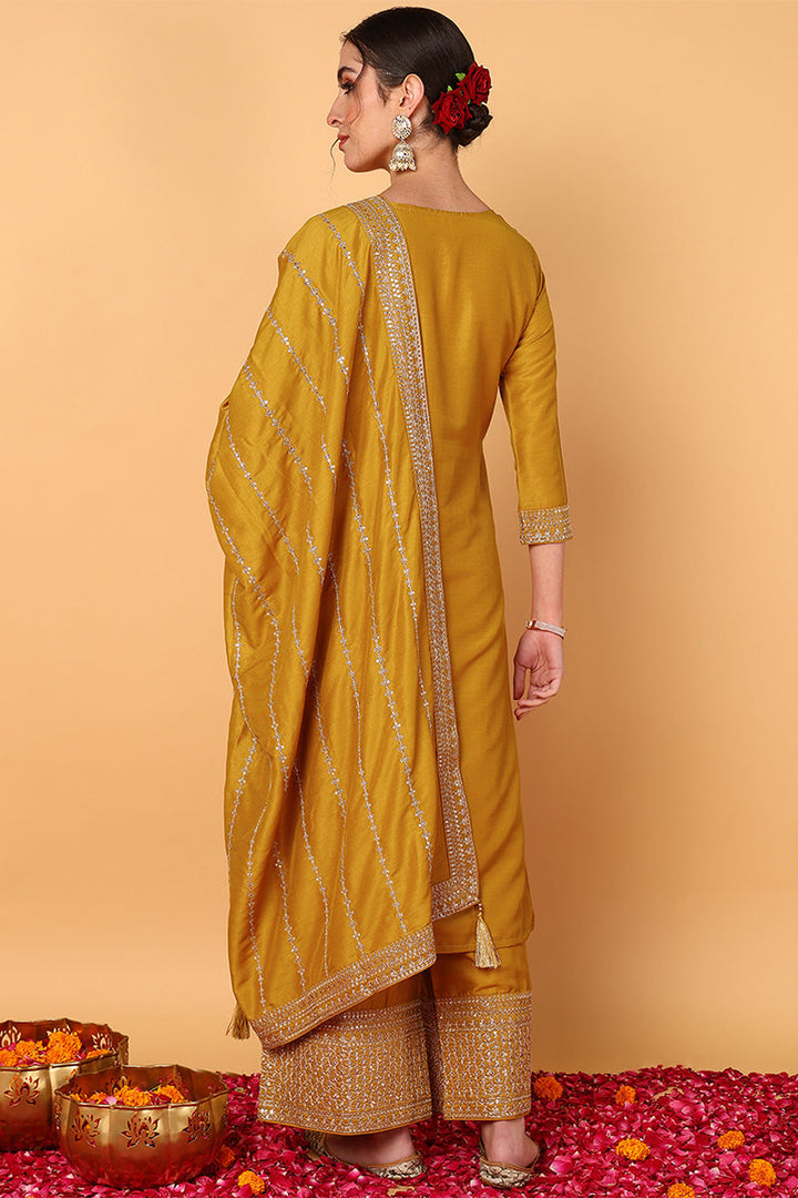 Mustard Yellow Silk Blend Solid Embroidered Straight Suit Set | SHOBITAM