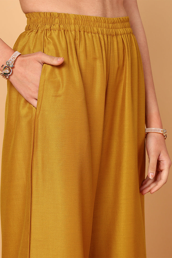 Mustard Yellow Silk Blend Solid Embroidered Straight Suit Set | SHOBITAM