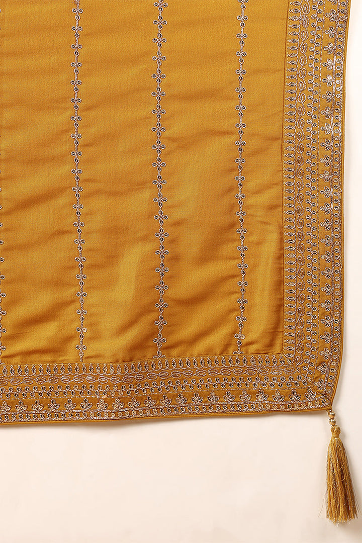 Mustard Yellow Silk Blend Solid Embroidered Straight Suit Set | SHOBITAM