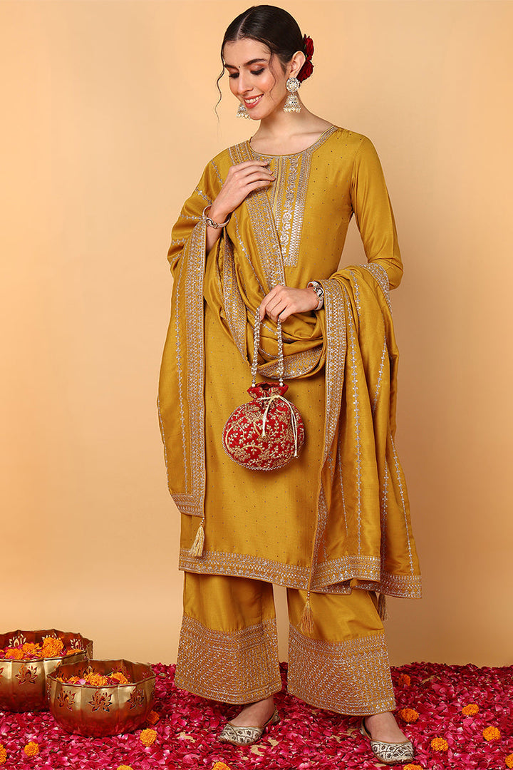 Mustard Yellow Silk Blend Solid Embroidered Straight Suit Set | SHOBITAM