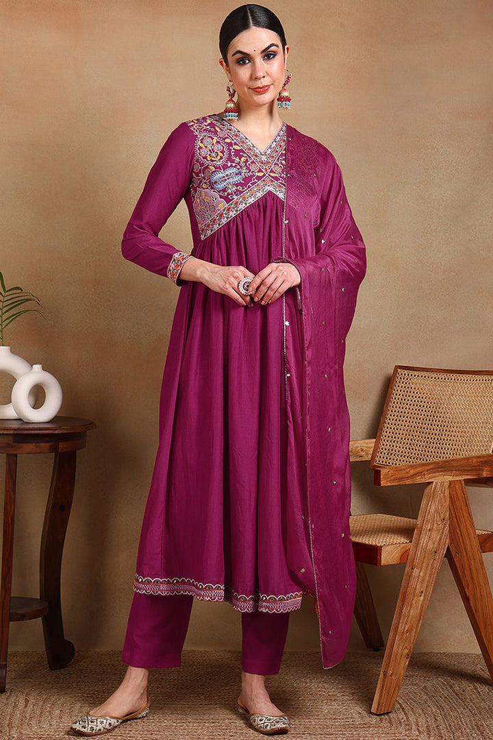 Magenta Pink Silk Blend Embroidered Anarkali Suit Set | SHOBITAM