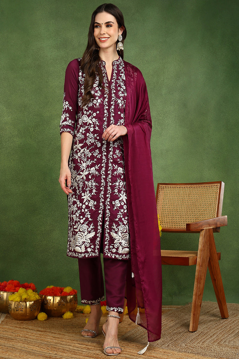 Purple Silk Blend Solid Embroidered Straight Suit Set | SHOBITAM