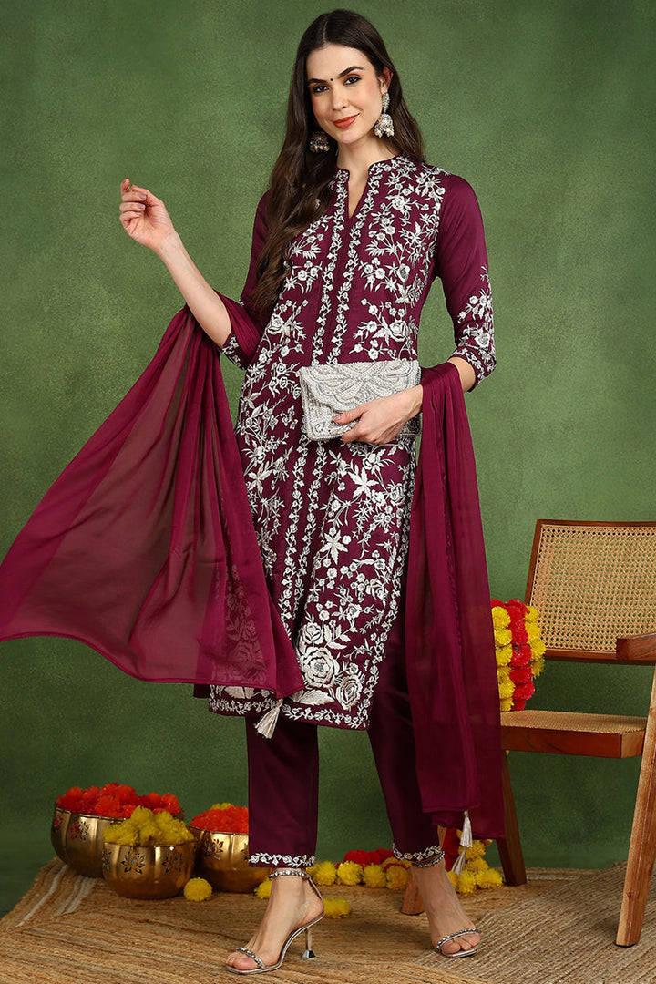 Purple Silk Blend Solid Embroidered Straight Suit Set | SHOBITAM