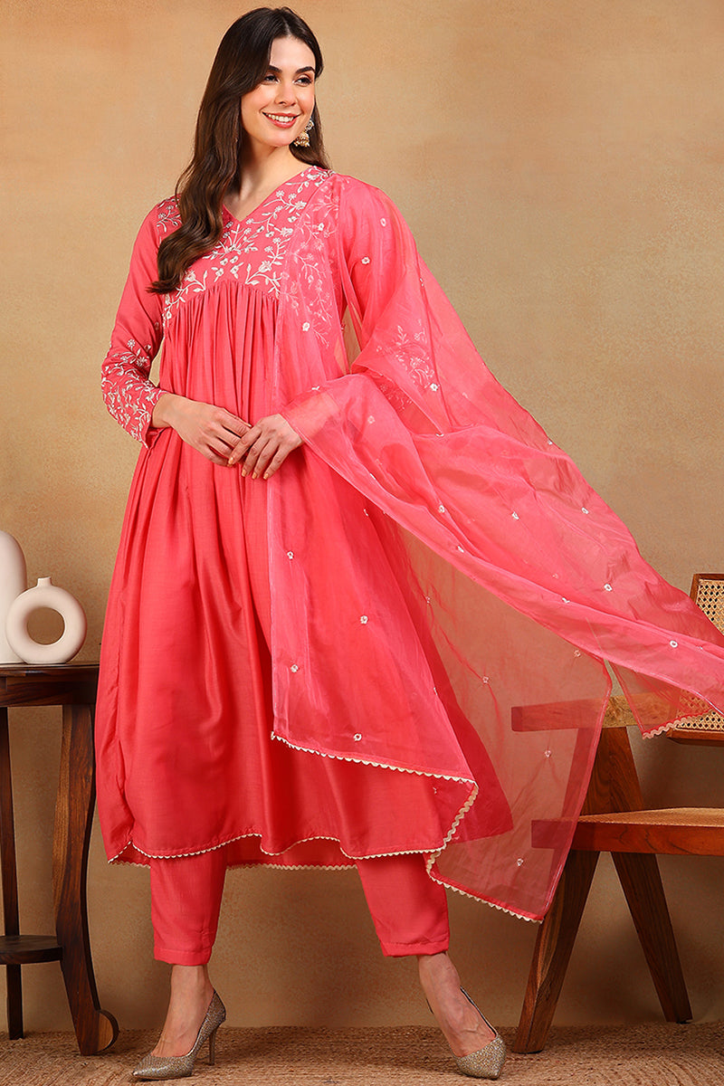 Pink Silk Blend Solid Embroidered Flared Empire Suit Set  | SHOBITAM